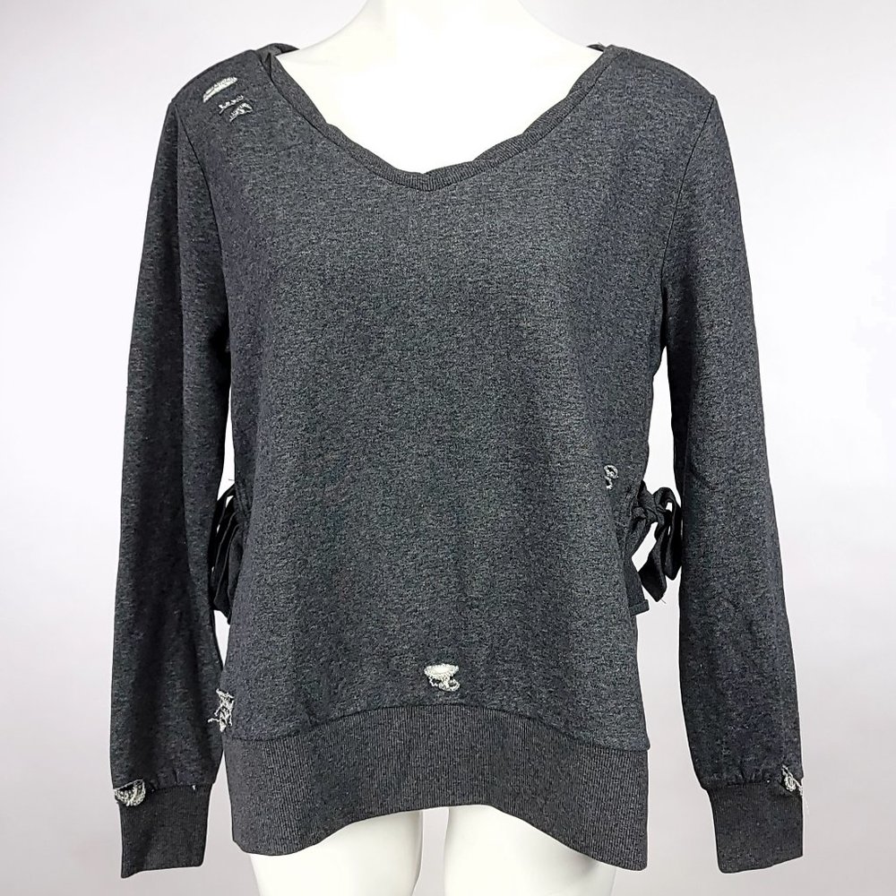 Romeo + Juliet Couture Distressed Side Tie Sweatshirt‎ Heather Charcoal Med NWT